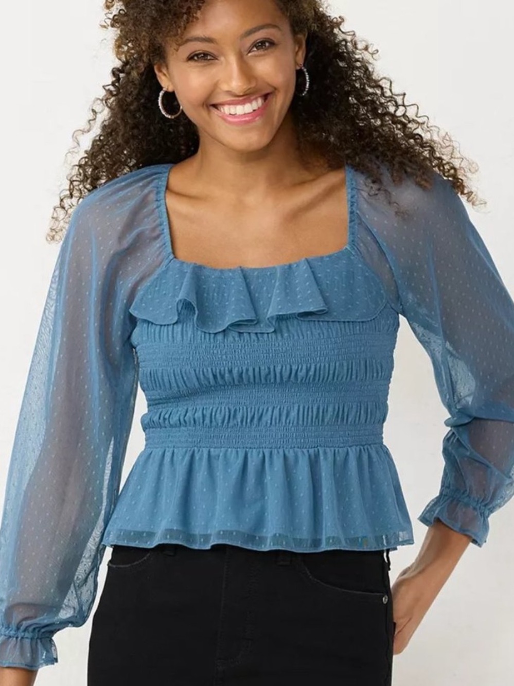 LC Lauren Conrad Rendez Blue Smocked Ruffled Top